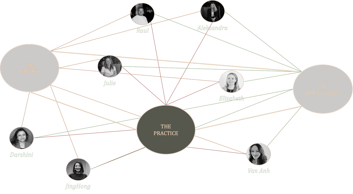 Network diagram connecting Raul, Julie, Aleksandra, JingHong, Van Anh, Darshini and Elisabeth across the Practice, the Roundtable and the Studio