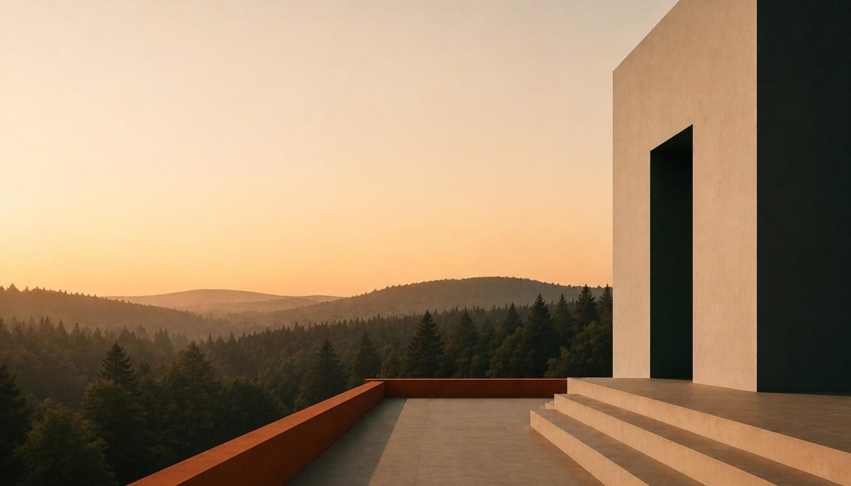 A quiet terrace above a forested valley at dusk